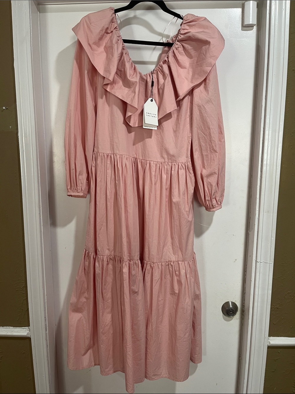 English Factory Pink Ruffled Neck Tiered Midi Dress S Small New with Tags NWT - Picture 2 of 5